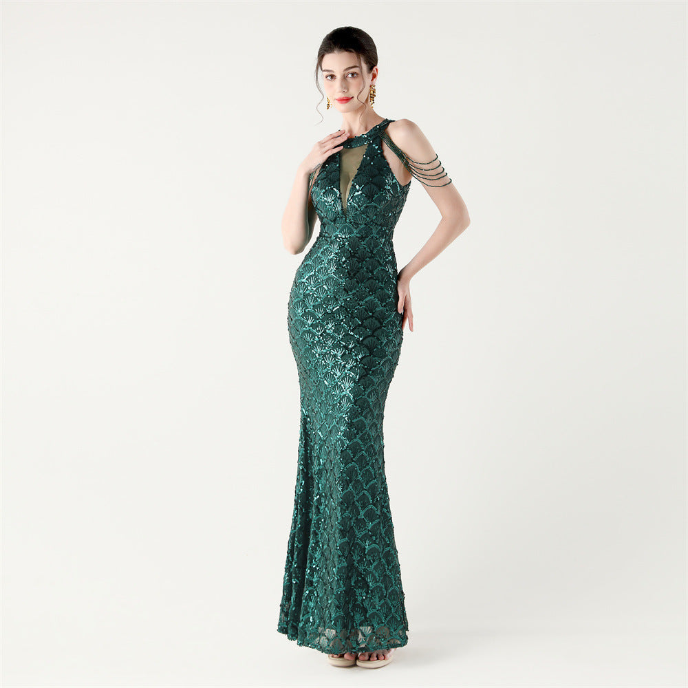 Sequin Fishtail Evening Dress Beaded Chain Formal Gown 19