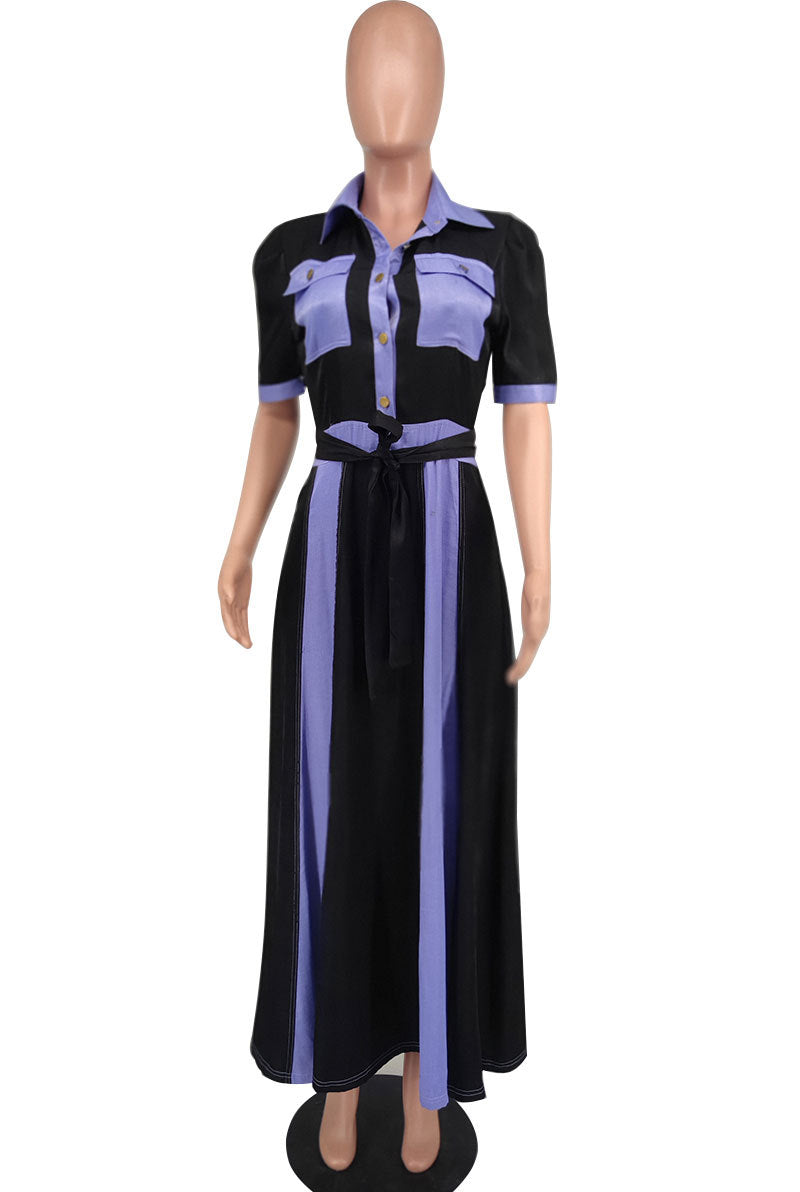 Women Contrast Color Short Sleeve Casual Dress 9