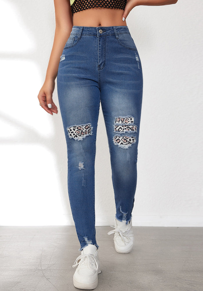 Women Spring Ripped Leopard Patches Washed Denim Pants