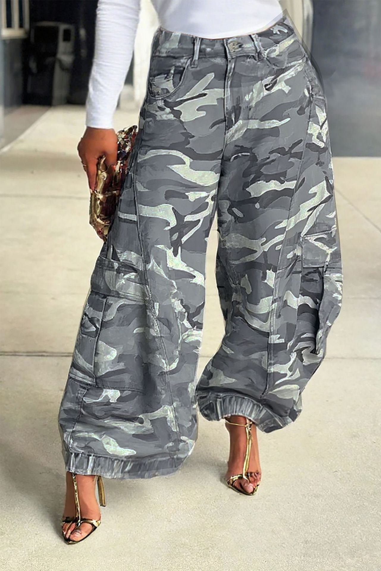 Women Camouflage Casual Cargo Denim Wide-Leg Pants