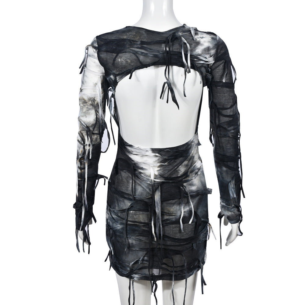 Women Tie Dye Long Sleeve Fringe Sexy Backless Bodycon Dress 11