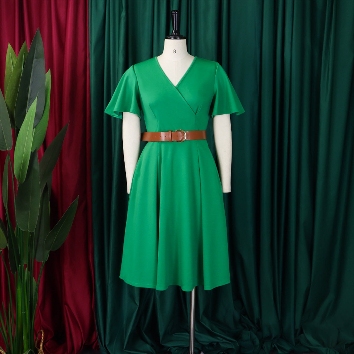 Plus Size Women Elegant Solid V-Neck Bell Bottom Sleeve African Dress 10