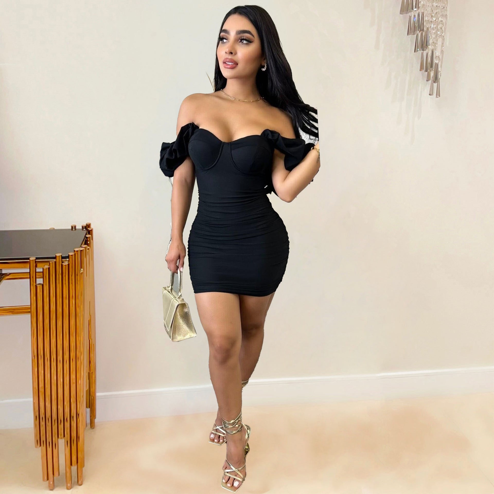 Slim and sexy solid color Off Shoulder  puffy sleeves Bodycon pleated dress