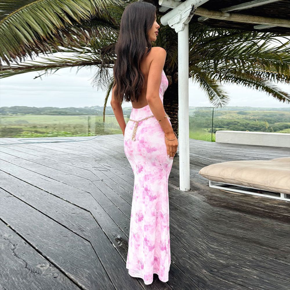 Womenƒ??s Summer Mesh Print Strappy Elegant Slim-Waist Long Dress 7