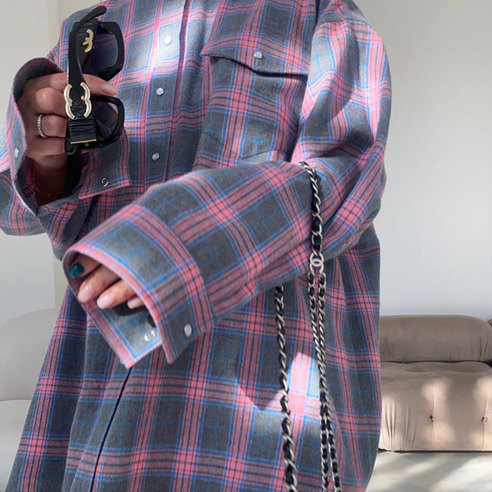 Autumn retro style Turndown Collar loose shirt plaid long-sleeved women's blouse 6