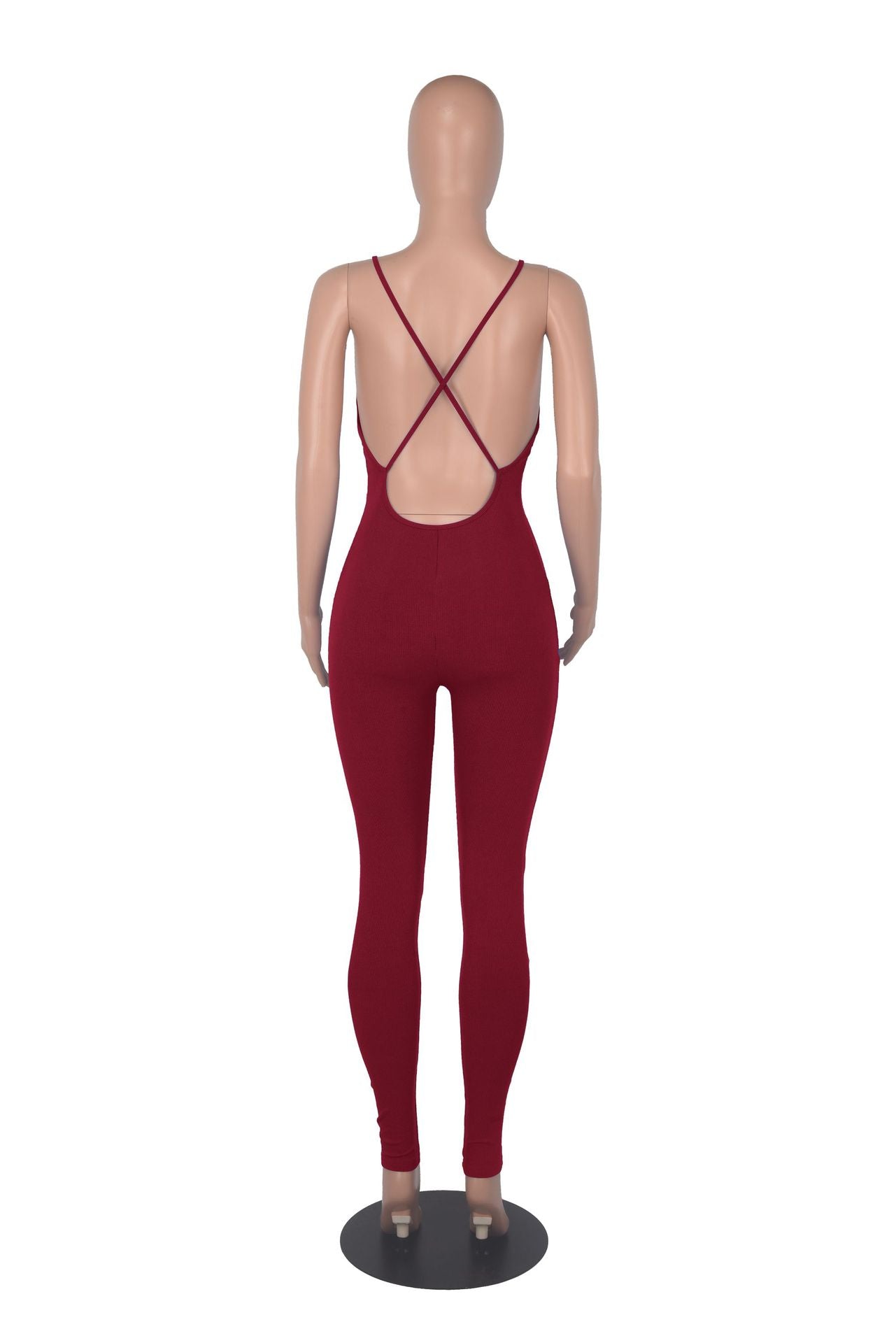 Women's Solid Color Rib Sling Deep V Tank with Chest Pad Casual Yoga Jumpsuit Ladies 28
