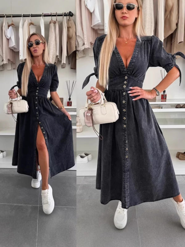 Women V-neck Short Sleeve Denim Button Dress 7