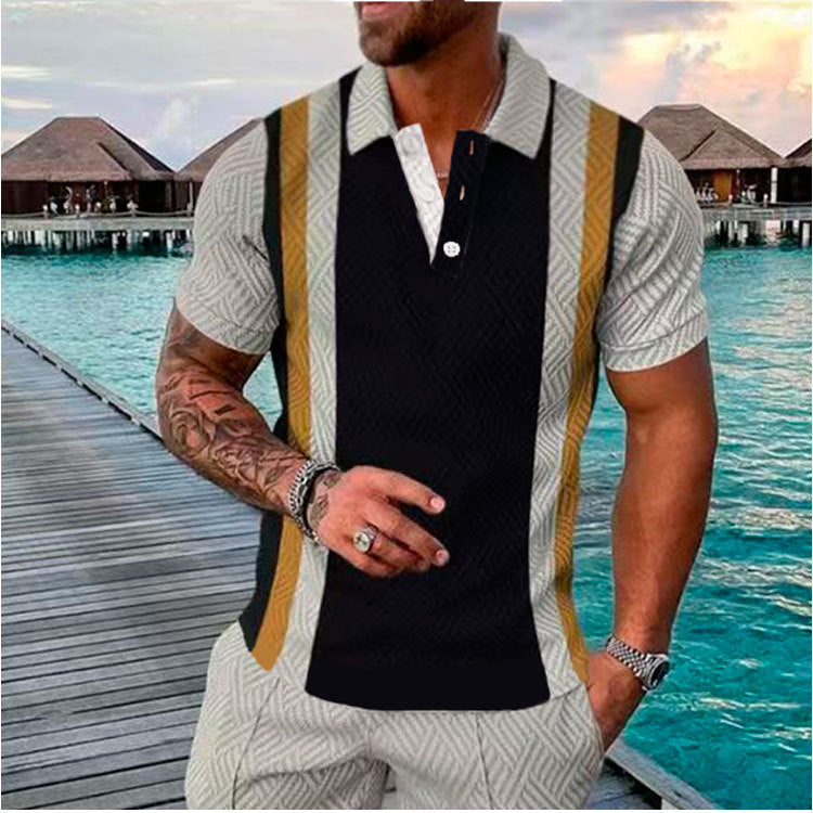 Men's Summer Fashion Casual 3D Printed Polo Shirt Turndown Collar Casual Short Sleeve 42
