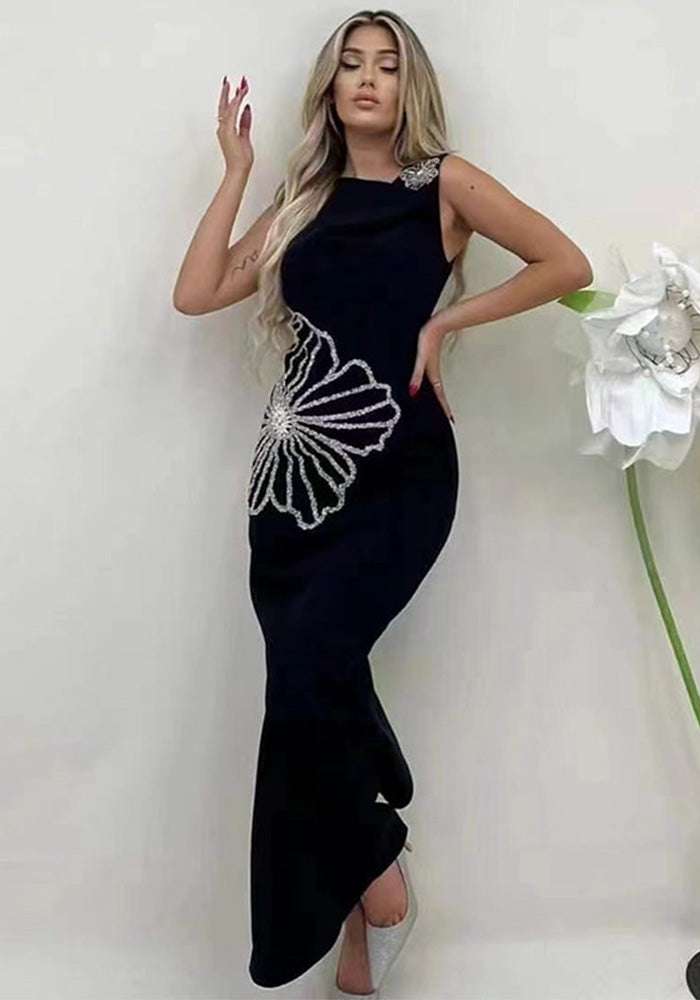 Women's Round Neck Sleeveless Luxury Rhinestone Elegant Bandage Dress