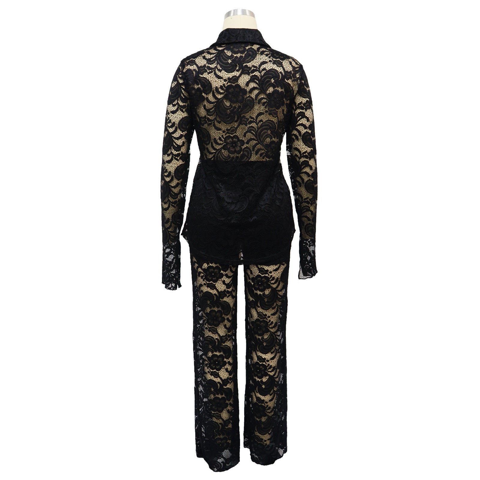 Summer Women Sexy Lace Pattern Turndown Collar See-Through Top and Pant Two-piece Set 9