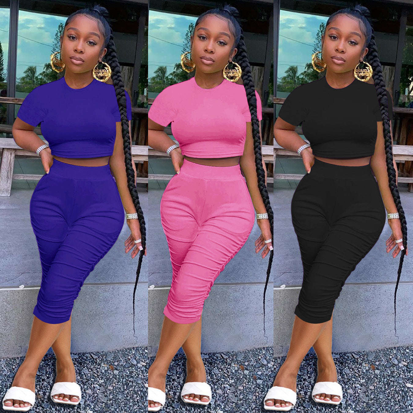 Summer Women's Solid Color Tight Fitting Cropped Short Sleeve T-Shirt Women's Pleated Two Piece Set