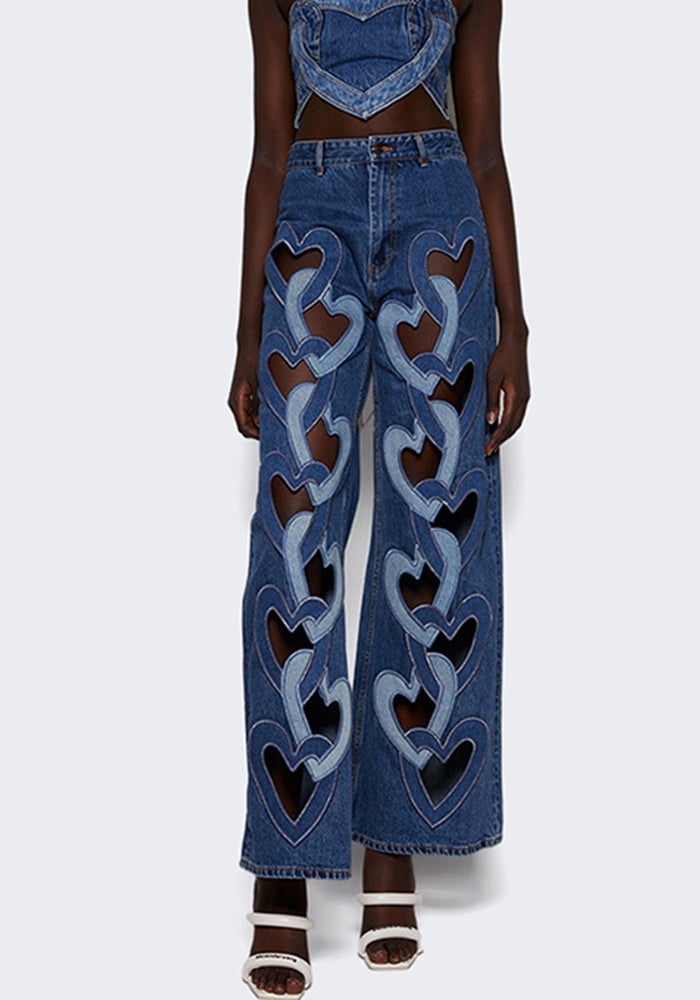 Women fashion hollow heart denim trousers