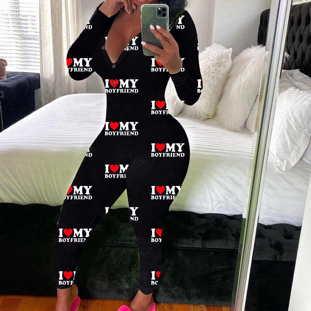 Women's Sexy Fashion Pattern Print Deep V-Neck Long Sleeve Tight Slim Jumpsuit 8