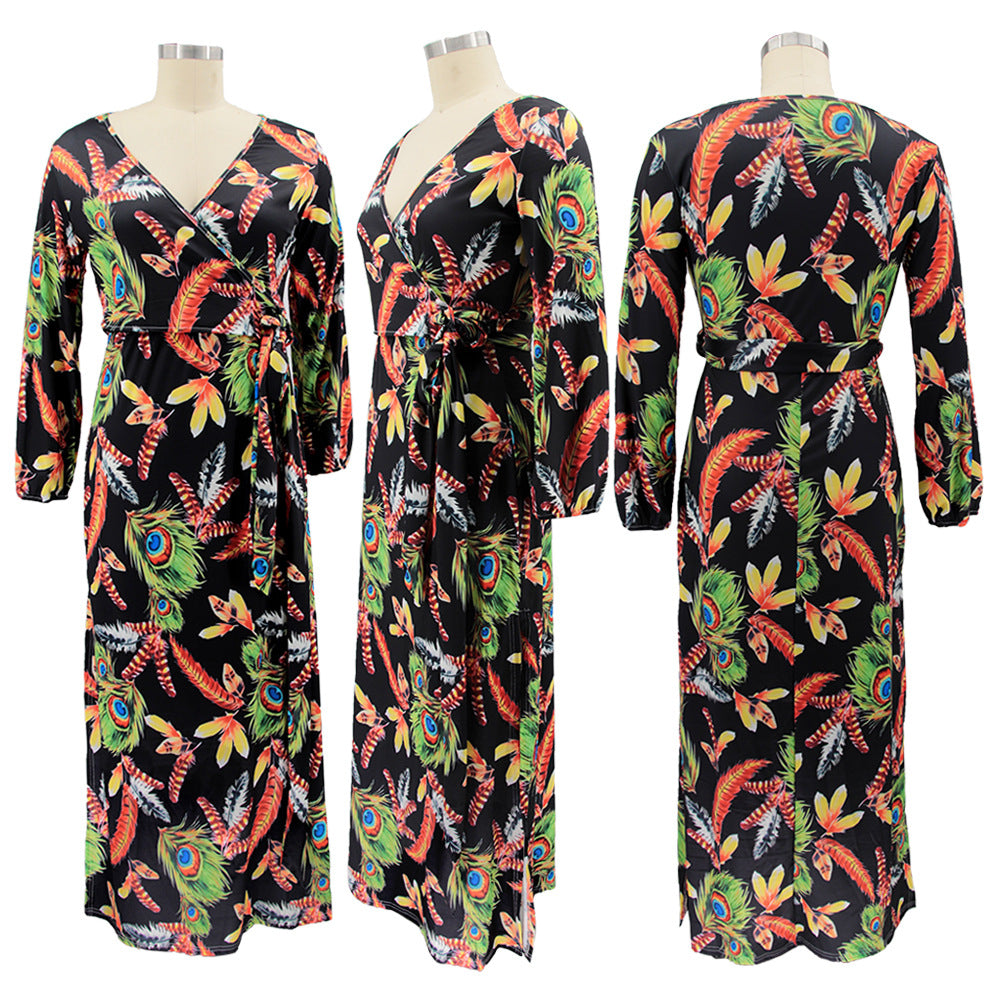 Plus Size Women Feather Print Sexy Slit Dress 10