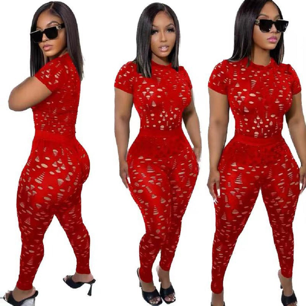 Women Stretch Ripped Round Neck Solid Top and Pant Two-Piece Set 6