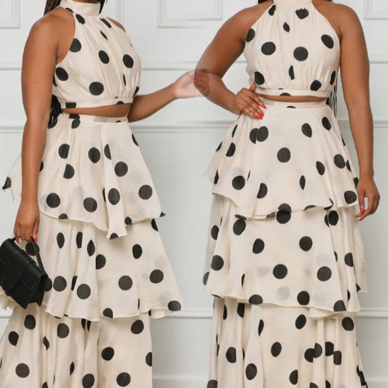 Women's Halter Neck Polka Dot High Waist Ruffle Fashion Skirt Set 6