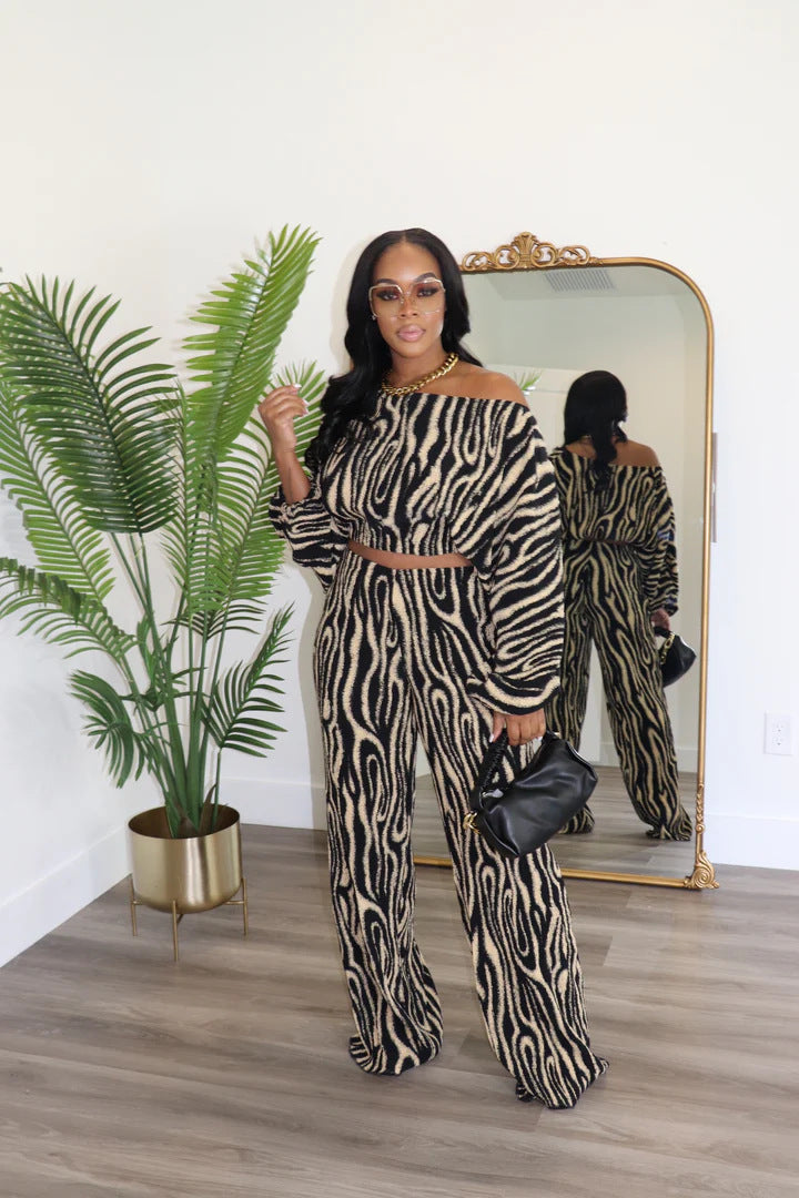 Autumn Women's Clothing Slash Shoulder Printed Two-Piece Pants Set 4