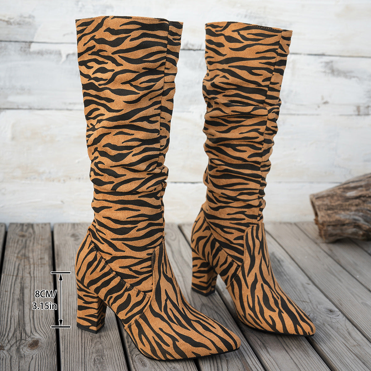 Zebra Print Block Heel Knee High Boots Plus Size High Heel Trendy Boots 8
