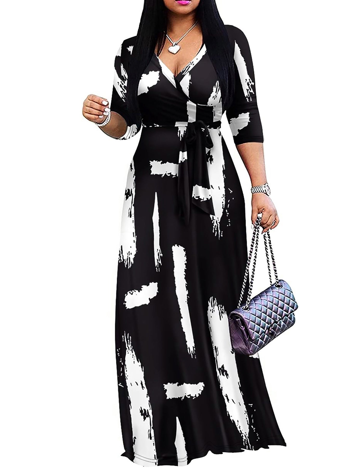 Spring & Autumn Women's Fashion Elegant Wrap V-Neck Half-Sleeve Print Belt Maxi Dress 48