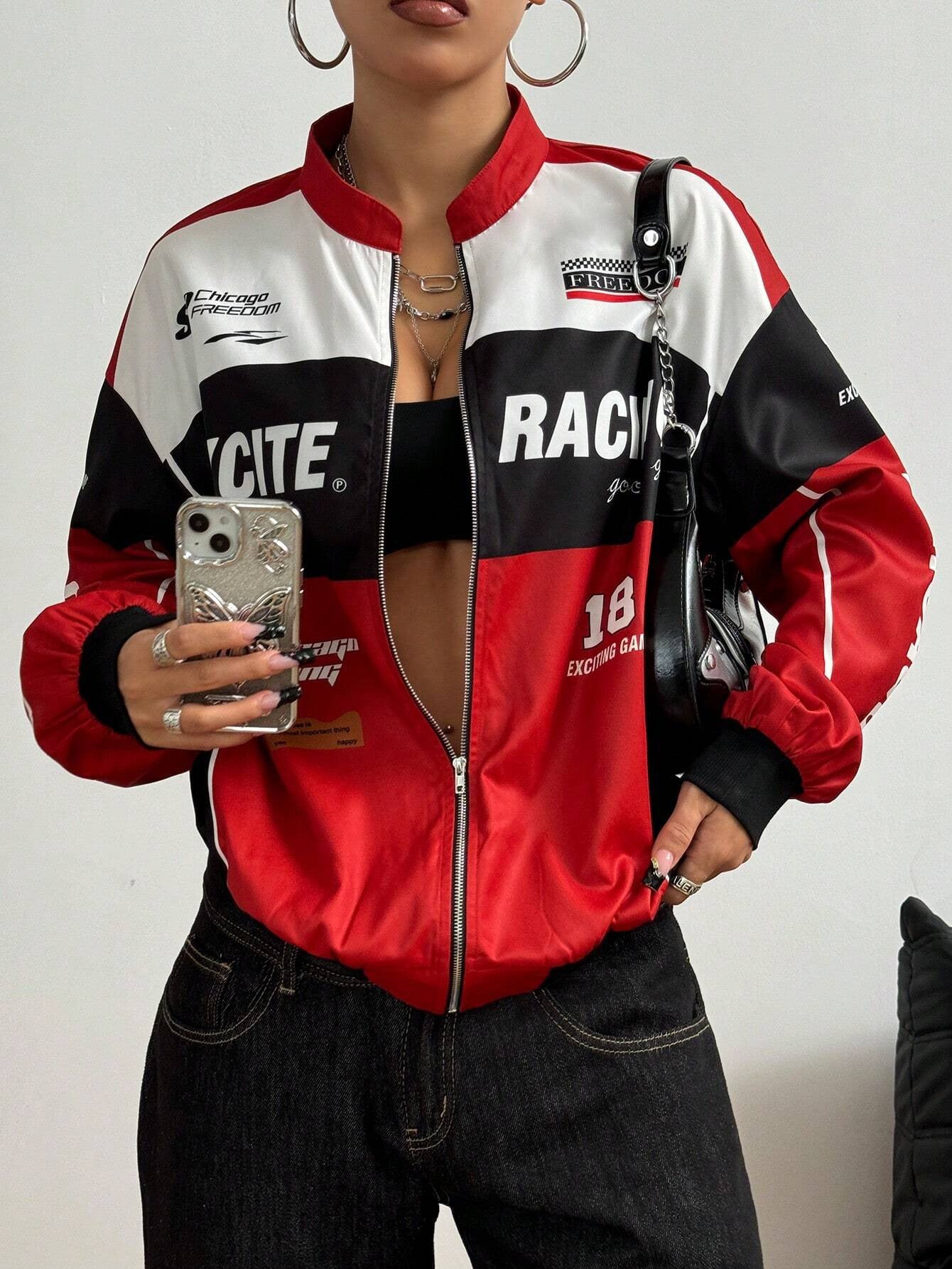 Women's Fashion Trendy Letter Zipper Long Sleeve Color-Blocking Jacket 6