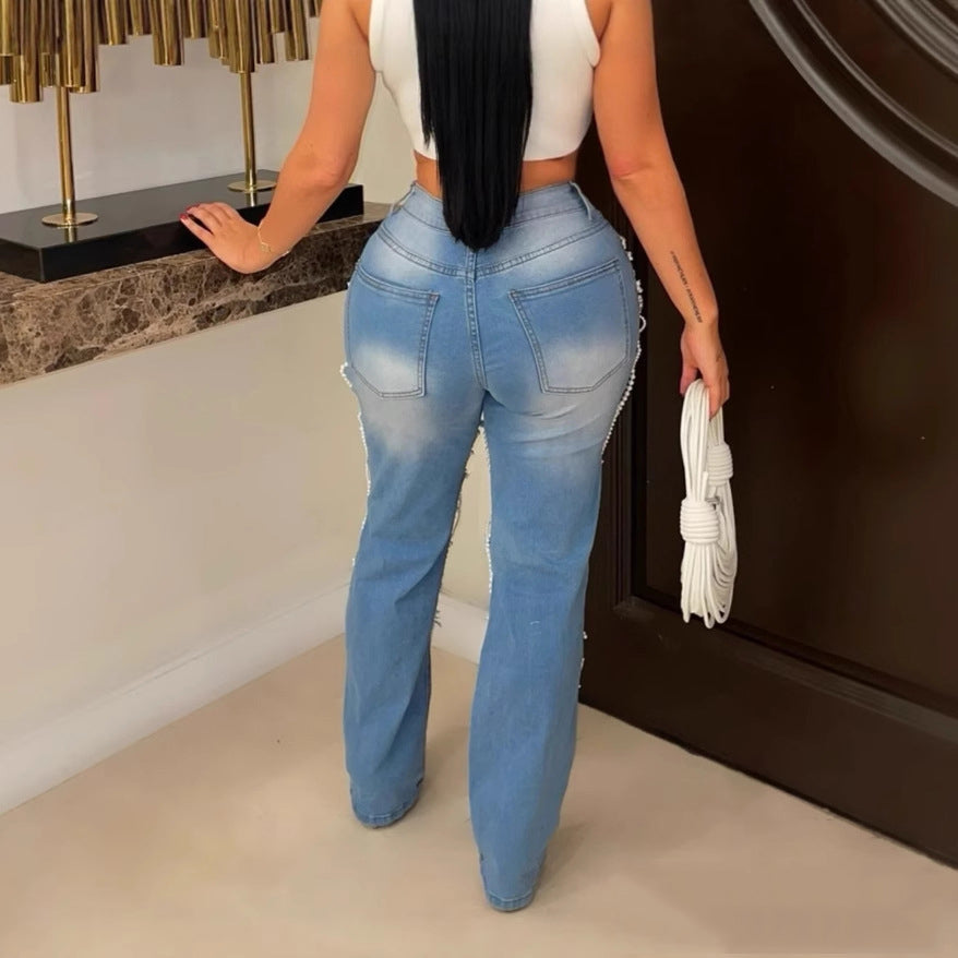 Women Washed Ripped Knitting Denim Pants 3