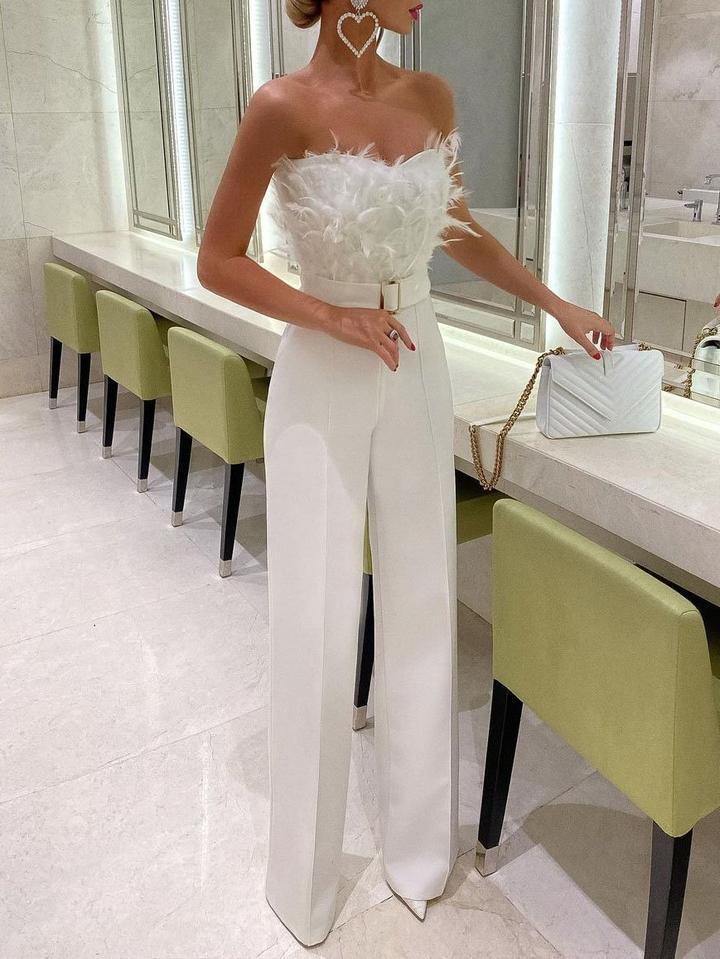 Spring Summer Feather Strapless Sexy Fashion Jumpsuit