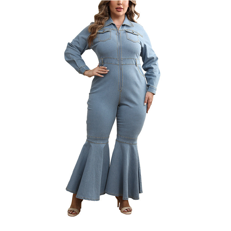 Plus Size Women's Zipper Turndown Collar Long Sleeve Bell Bottom Denim Jumpsuit 9