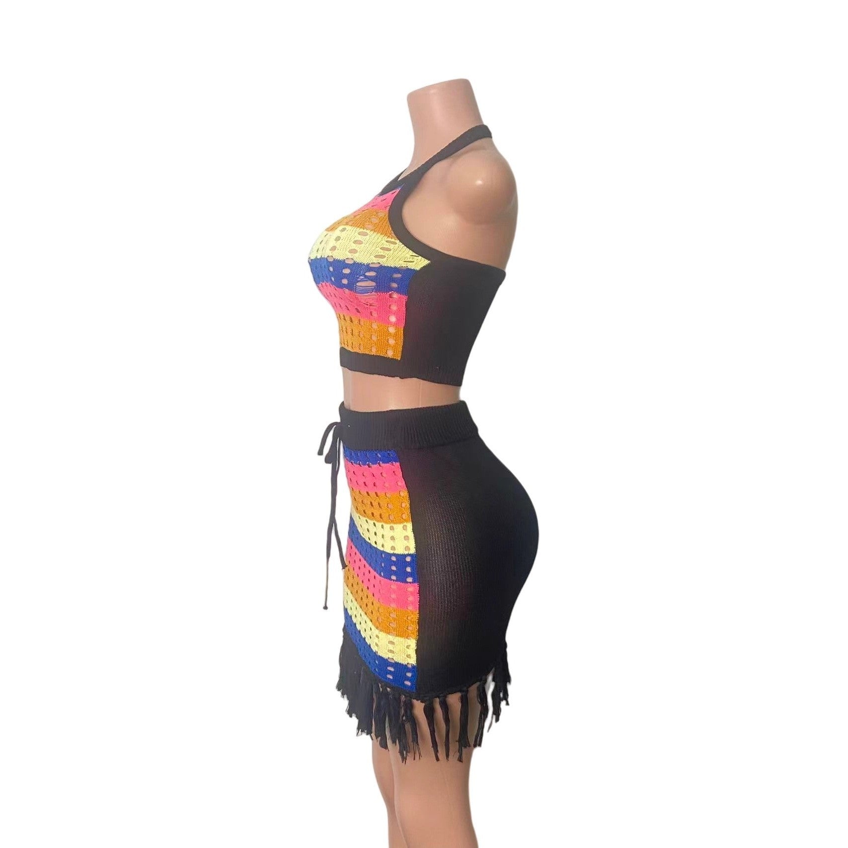 Women multi-color striped hollowed-out knitting halter neck top with tassel bodycon skirt, two-piece set. 8
