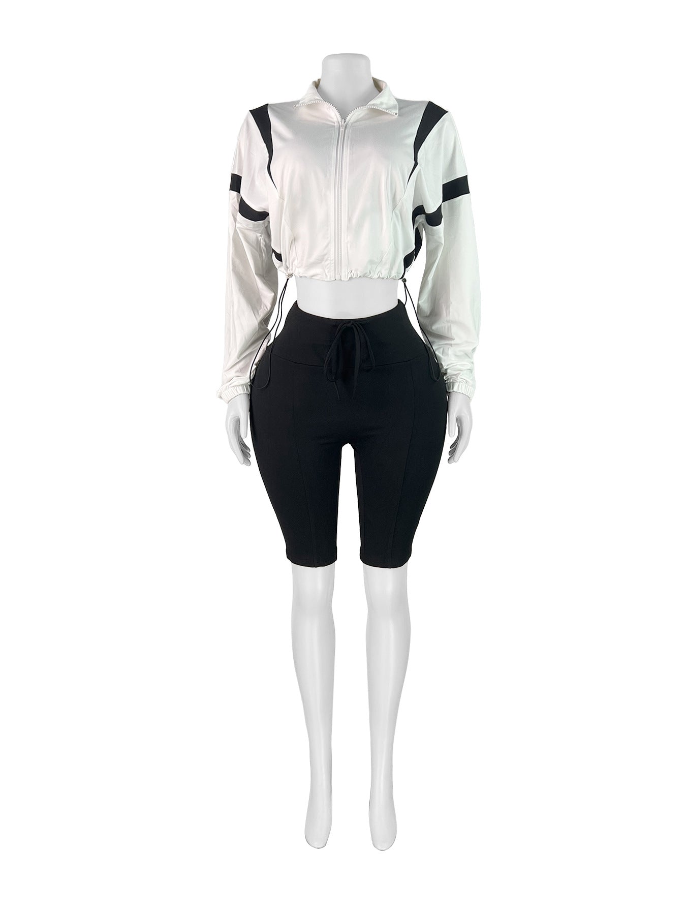 Fashion women's contrast color drawstring Slim Waist zipper Crop long sleeve Top shorts set 6