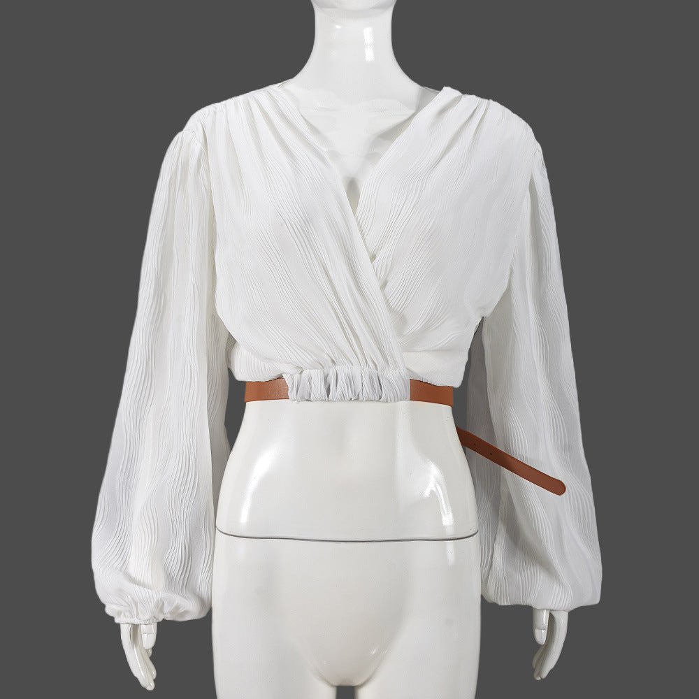 Autumn Thin Top Belt Adjustable Waist Lantern Sleeve Blouse 9