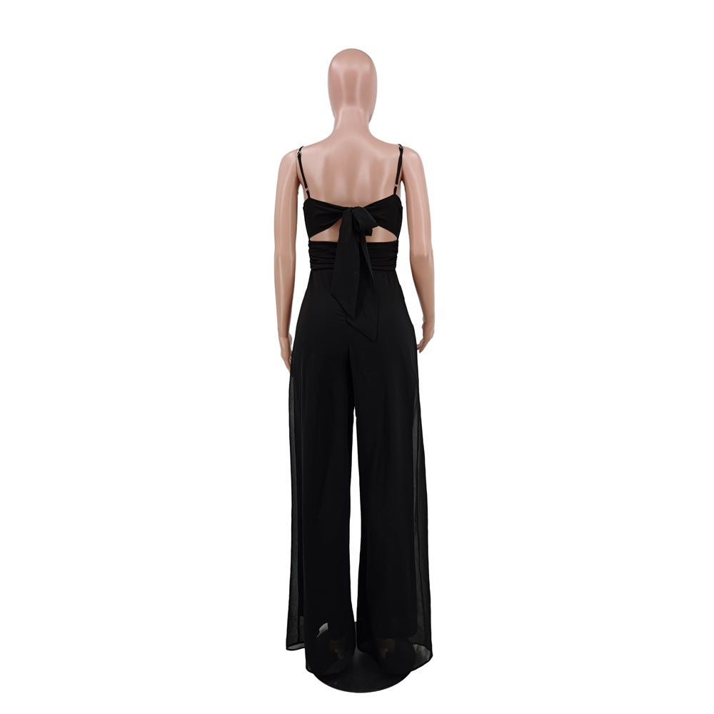 Summer Solid Color Chiffon Straps Slim Waist Wide Leg Women'S Jumpsuit 10