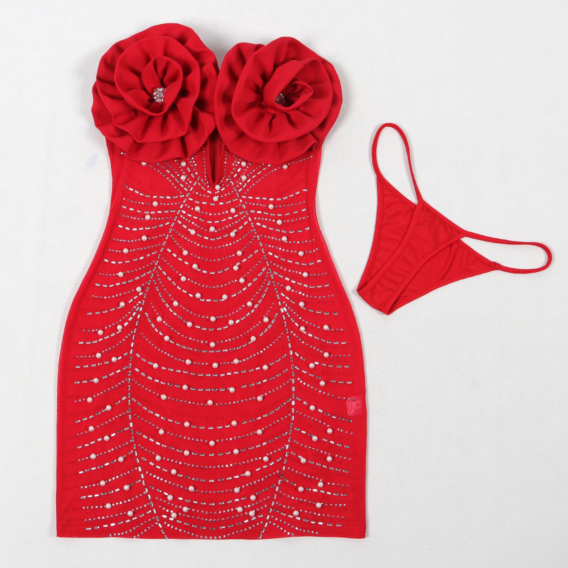 Women Sexy Beaded Pearl V Neck Flower Dress 6