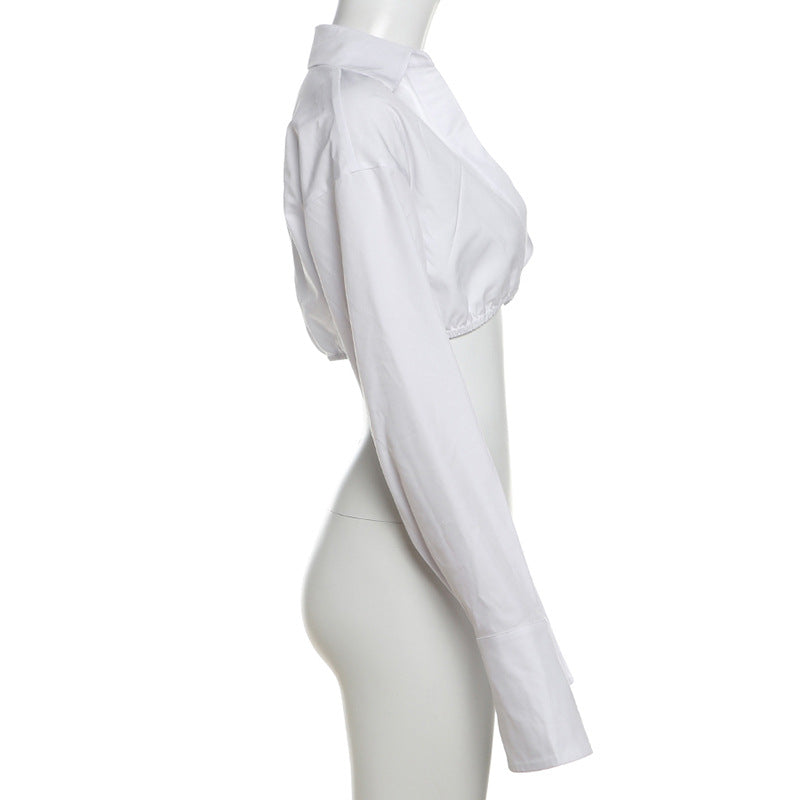 Autumn sexy Slim Waist solid color Turndown Collar crop long-sleeved shirt 7
