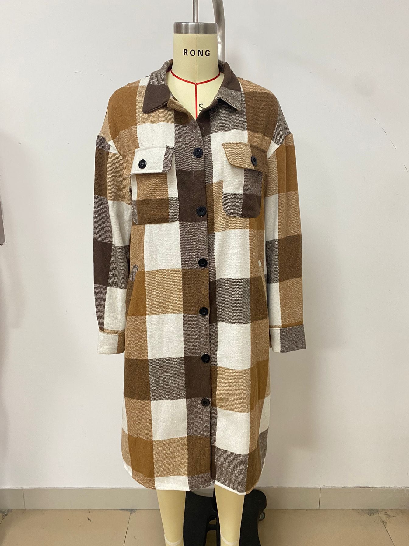 Women Plaid Long Sleeve Long Jacket 5