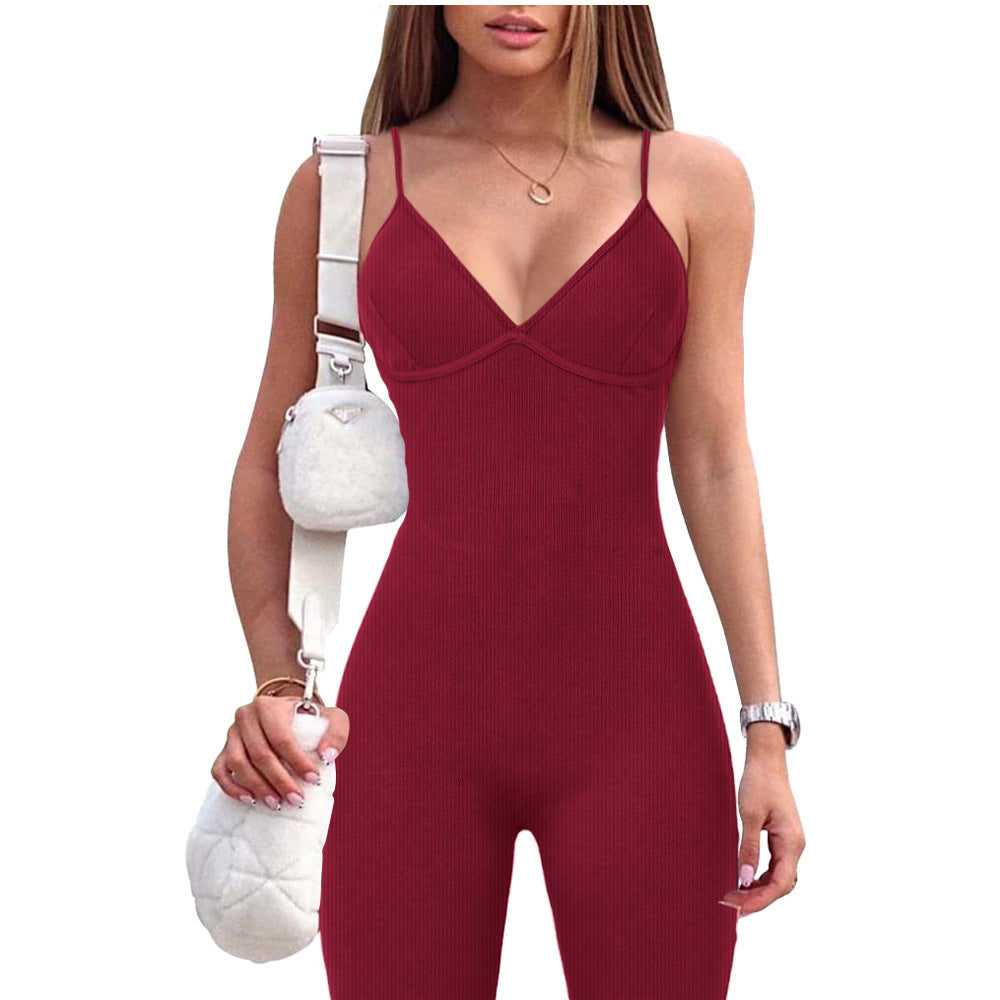 Women's Solid Color Rib Sling Deep V Tank with Chest Pad Casual Yoga Jumpsuit Ladies