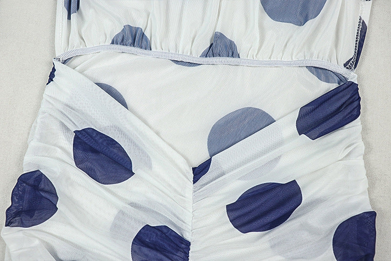 Black White Polka Dot Women's Slit Print Irregular High Neck Tie Low Back Dress 13