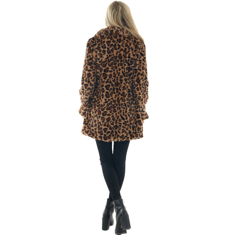 Autumn Winter Leopard Print Women'S Fashion Chic Faux Fur Loose Jacket With Pockets