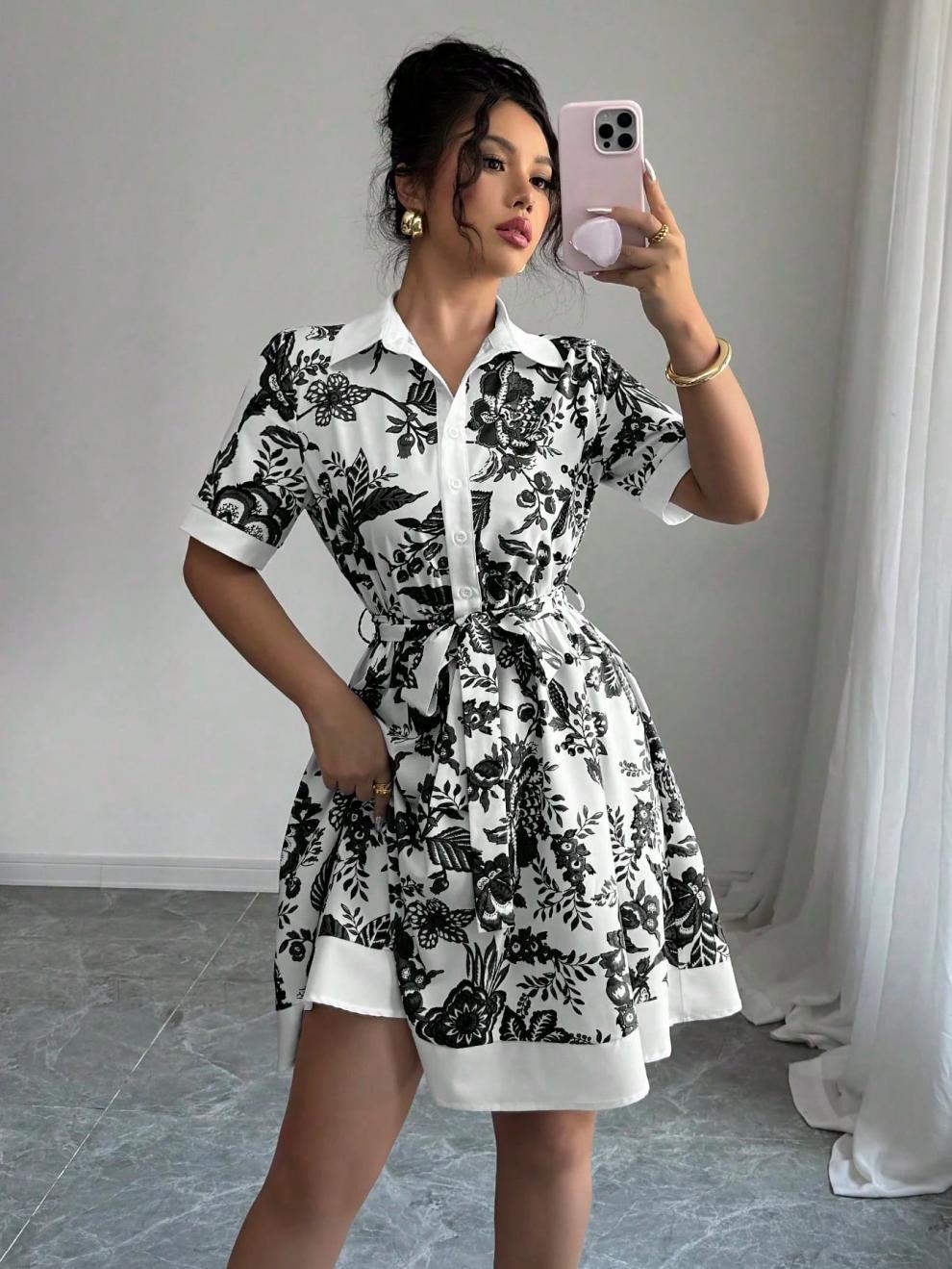 Fashion Slim Waist Printed Belt Short Sleeve Dress 3