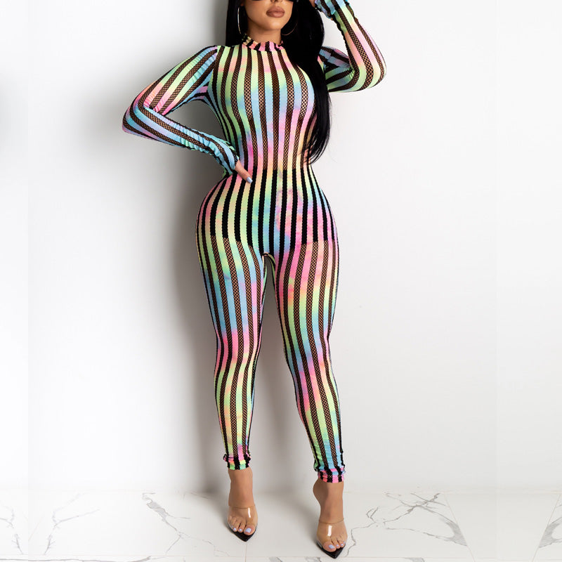 Striped Mesh Patchwork Casual Sexy Stretch Jumpsuit 8