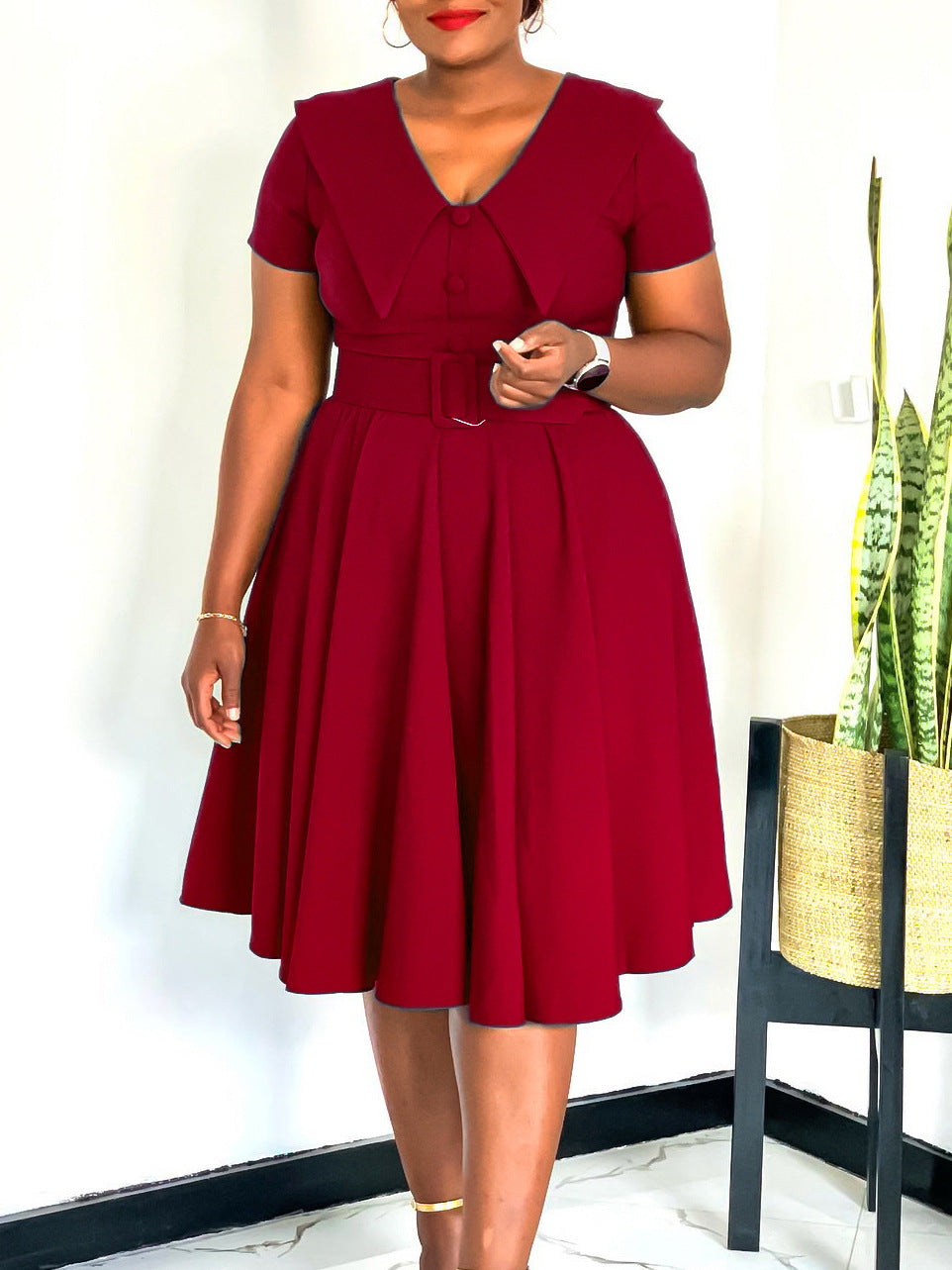 Women's Fashion Chic Peter Pan Collar Short Sleeve A-line African Dress 6