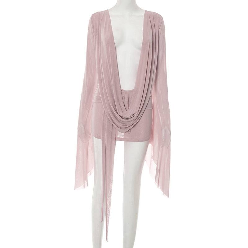 Women's Mesh Draped Neck Flared Long Sleeve Low Back Short Dress 7