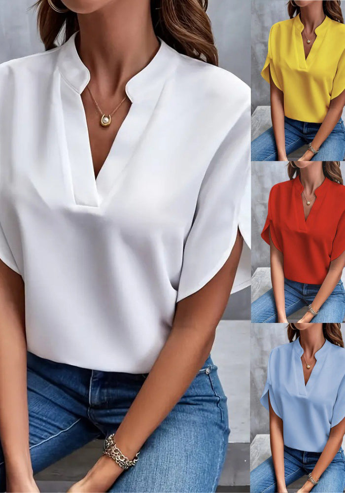 Women Summer Casual Solid V-Neck Loose Shirt