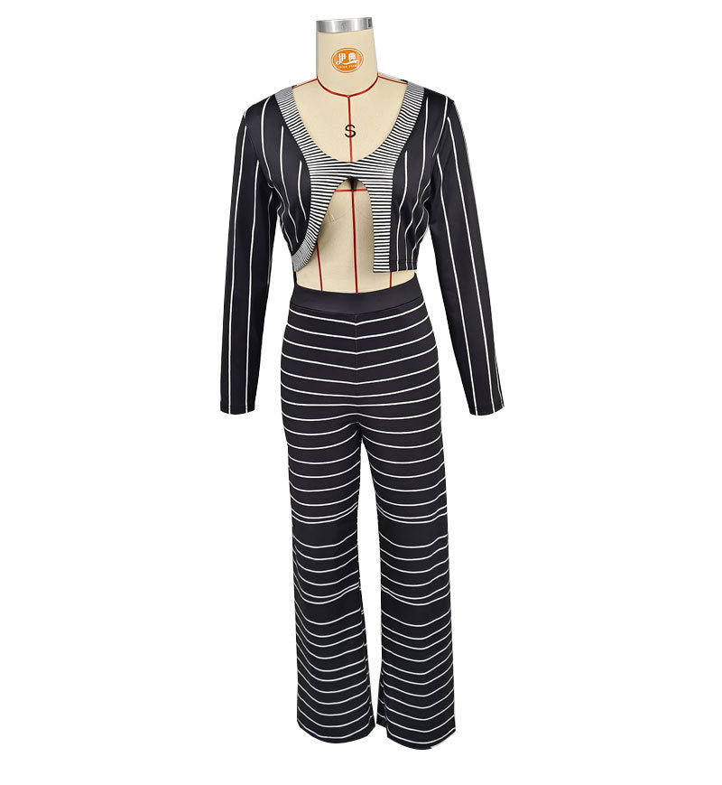 Casual Stripes Long Sleeve Top Trousers Autumn Two Piece Set 8