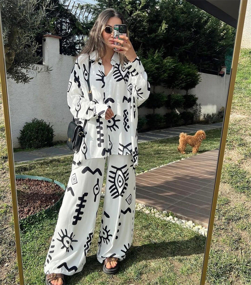 Women's Fashionable Printed Loose Top High Waist Wide Leg Pants Two-Piece Set 3