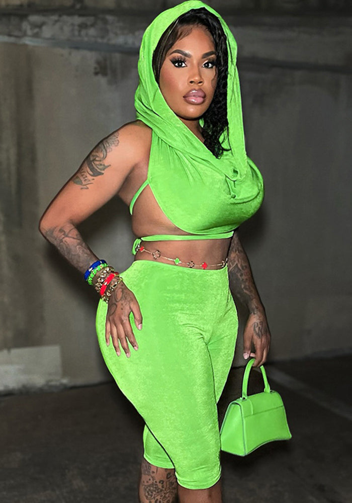 Spring Summer Hooded Top and Knee-Length Shorts Two-Piece Set for Women