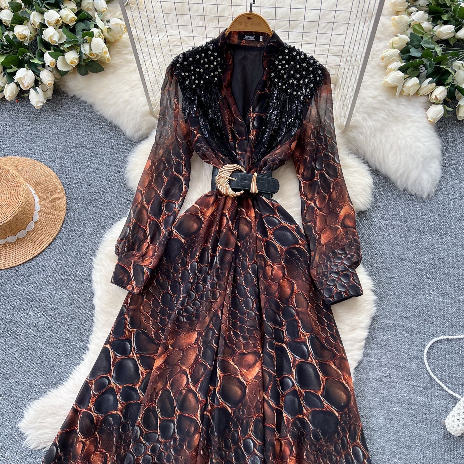 Fashionable Women's Beaded Sequin Embroidery V neck Slim Waist Long Sleeve Leopard Print Elegant Long Dress 16