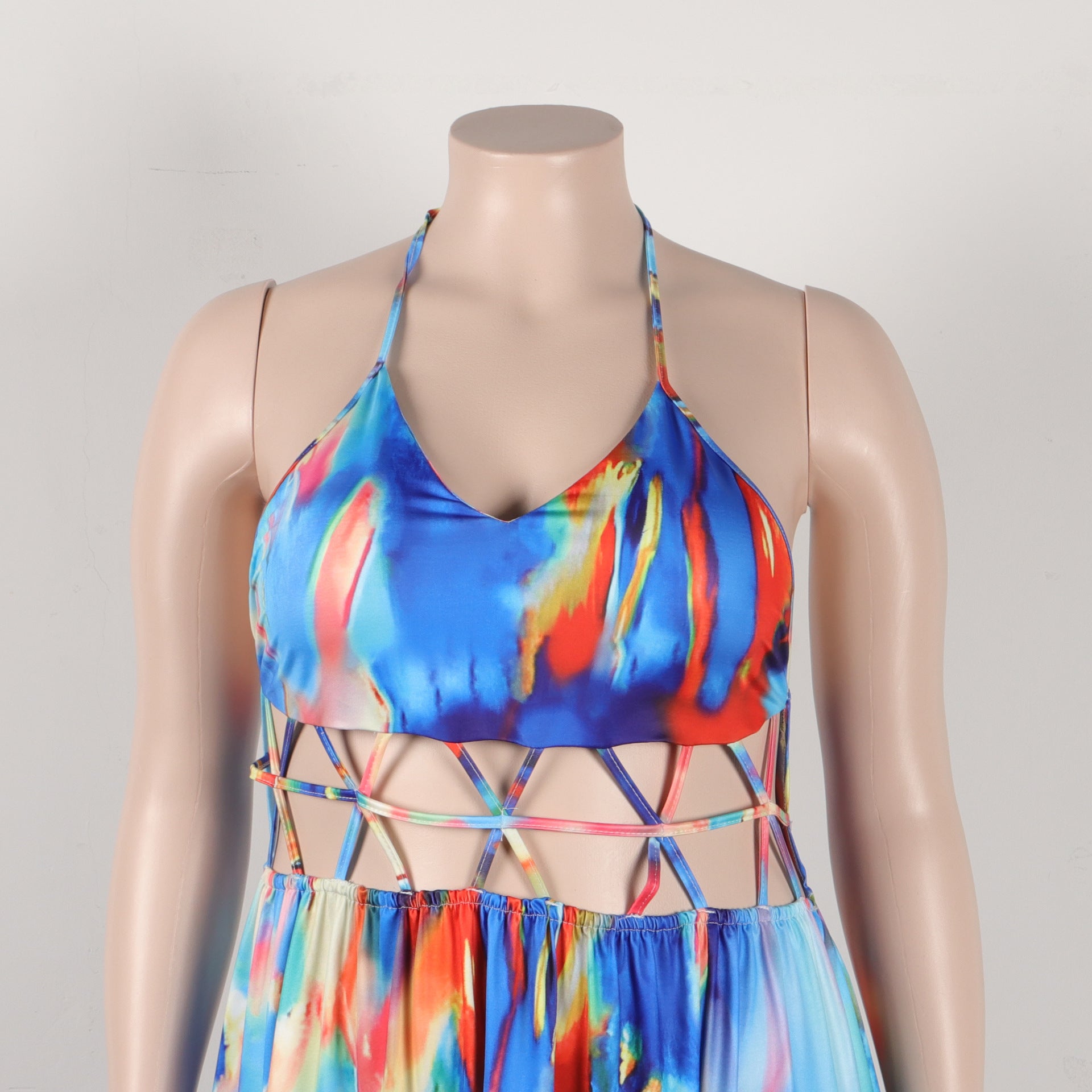 Women Print Cutout Halter Neck Lace-Up Slit Dress 16