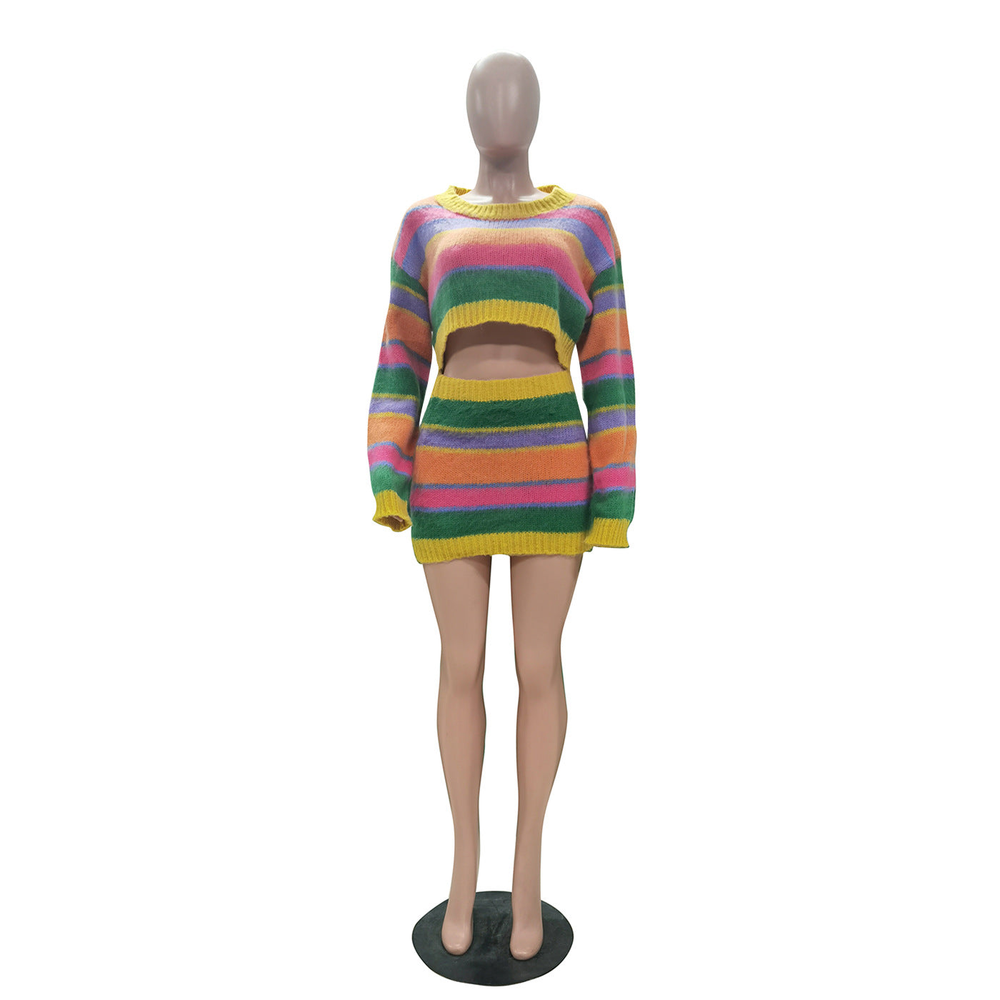 Women casual striped knitting two-piece top and skirt 7