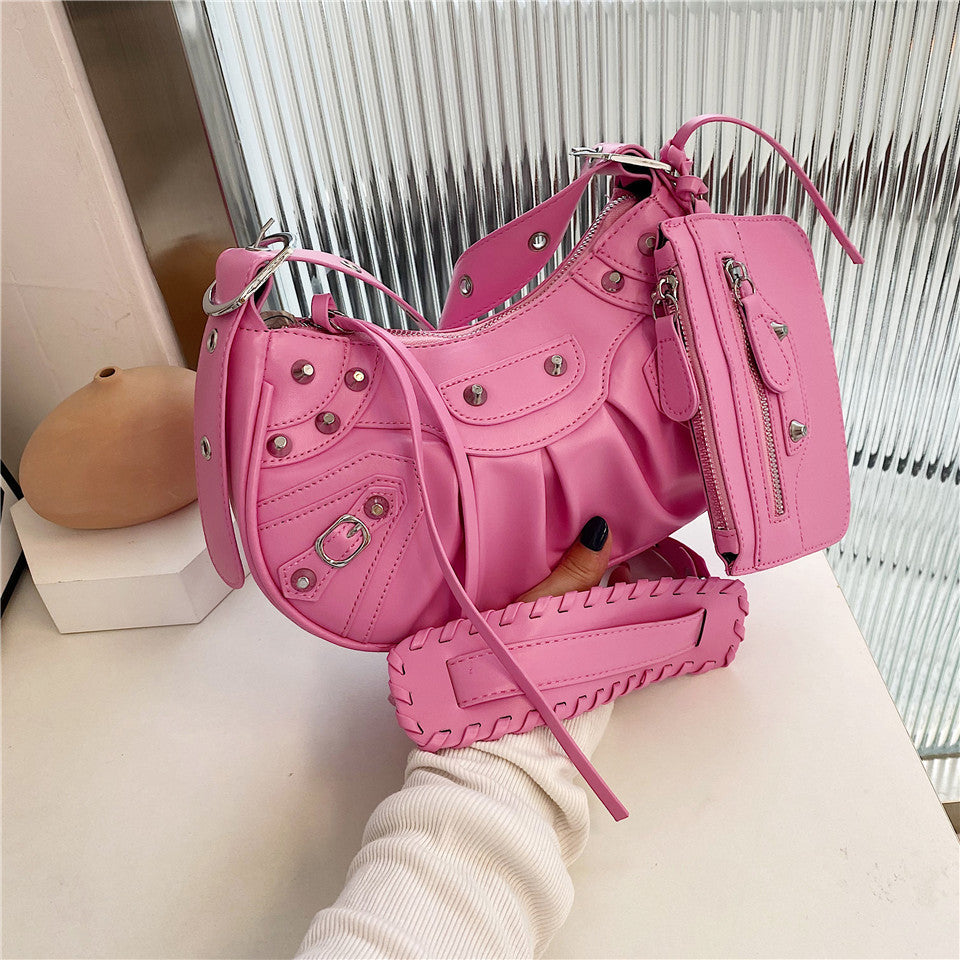 Diagonal pleated single shoulder women's retro rivet bag 16
