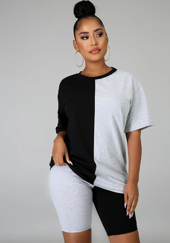 Women Summer Casual Color Block Round Neck Top and Shorts Two-piece Set